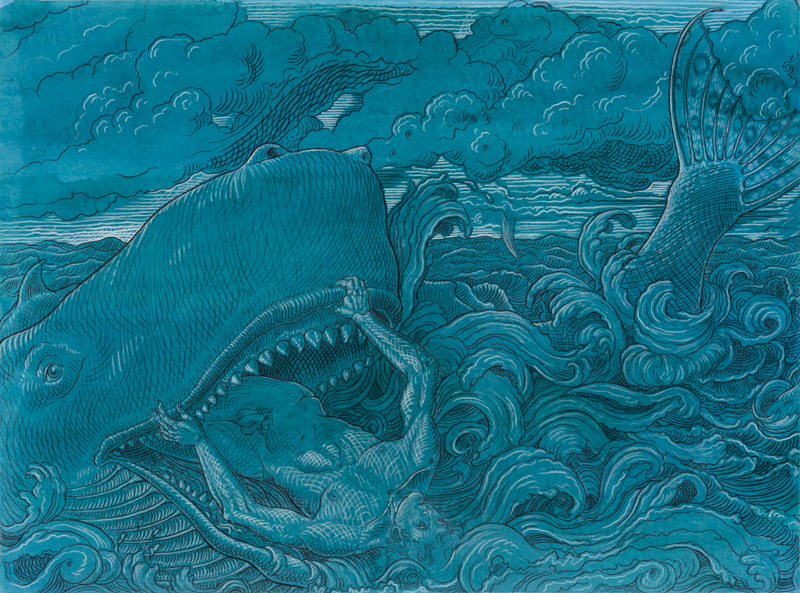 Jonah and the Whale, detail, conte crayon on blue prepared paper