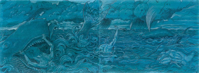 Jonah and the Whale, 22x60, conte crayon on blue prepared paper