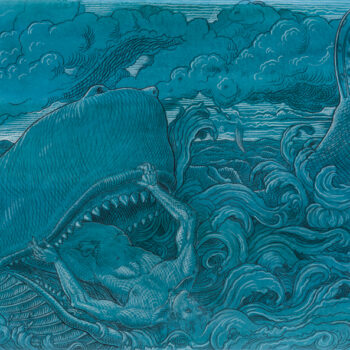 Jonah and the Whale, 22x60, conte crayon on blue prepared paper