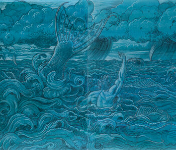 Jonah and the Whale, 22x60, conte crayon on blue prepared paper