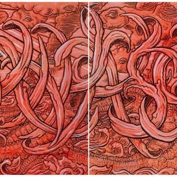 Compassio. Brush painting with ink and acrylic on orange/red paper on two panels. Each measuring 22.5” x 34.25”