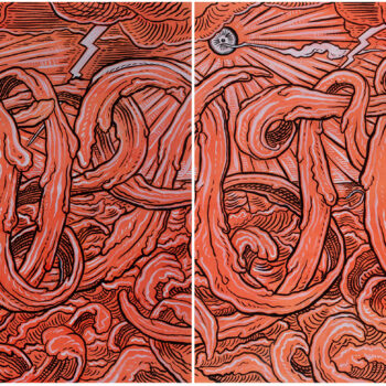 Empathy. Brush painting with ink and acrylic on orange/red paper on two panels. Each measuring 22.5” x 34.25”