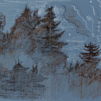 Full moon Scarborough, ME. Pen and black, sepia, and white ink on blue paper. 8.3” x 23.4”