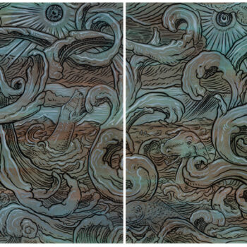 Water. Brush painting with ink and acrylic on green/brown paper on two panels. Each measuring 21.5” x 33.5”